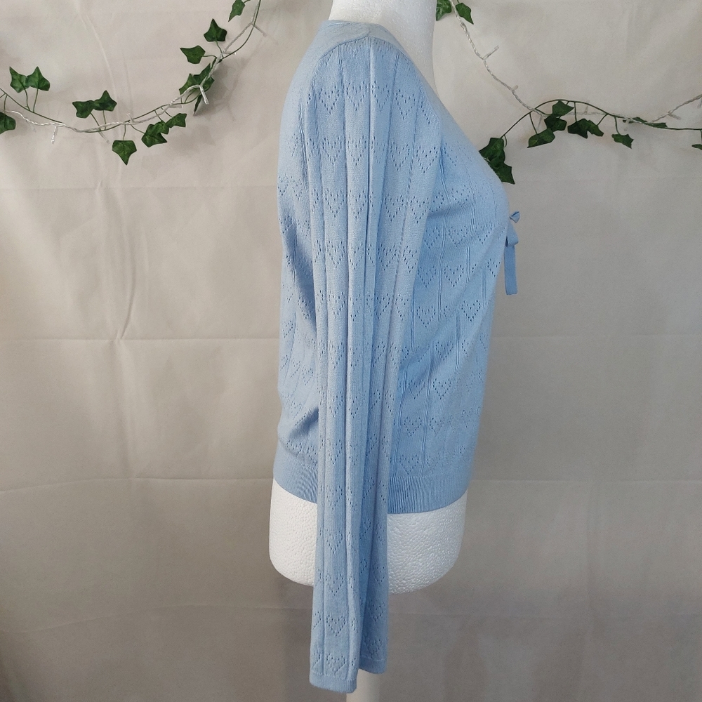 Nobody's Child Cardigan Light Blue Tie Front Hearts Pattern Bell Sleeve Size 14 - Picture 4 of 8
